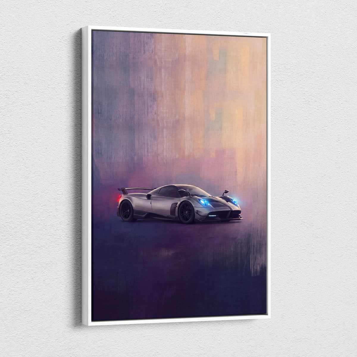 Silver Pagani Huayra BC inspired automotive wall art in a stylized painting on white framed luxury supercar canvas print