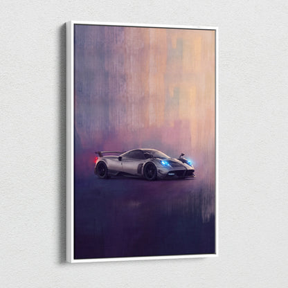 Silver Pagani Huayra BC inspired automotive wall art in a stylized painting on white framed luxury supercar canvas print