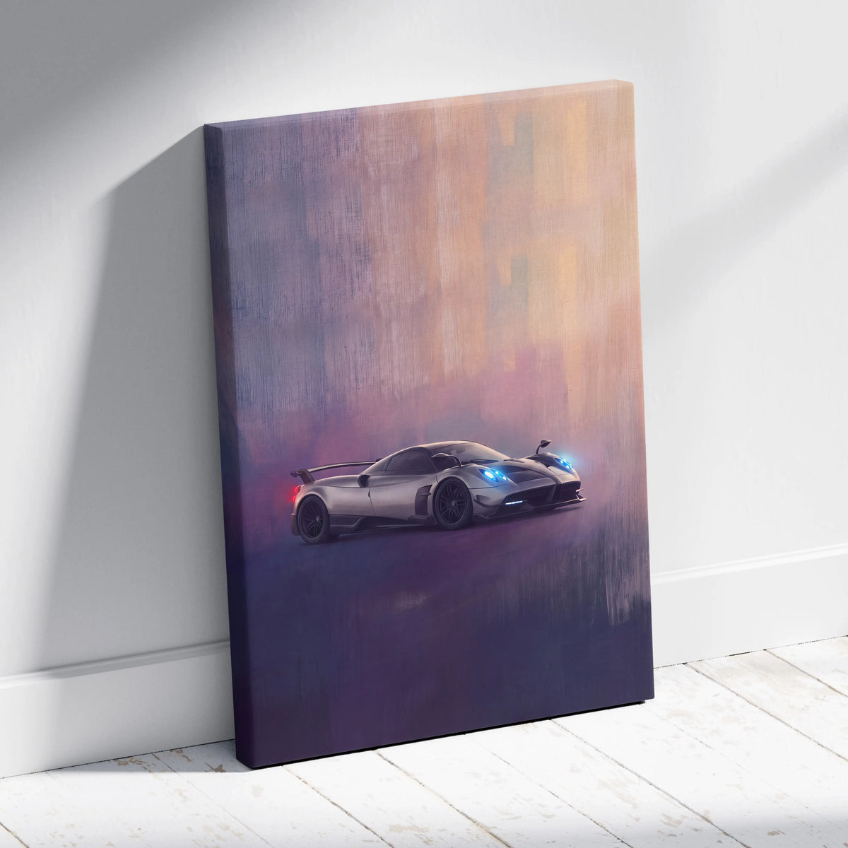 Pagani Huayra BC inspired silver hypercar canvas print with glowing blue headlights on a purple and orange gradient background