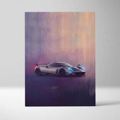 Silver Pagani Huayra BC inspired automotive wall art canvas print featuring a hypercar with glowing blue headlights