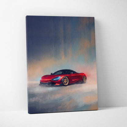 Vibrant red mclaren 720s sports car on smoky background canvas art print custom car wall decor