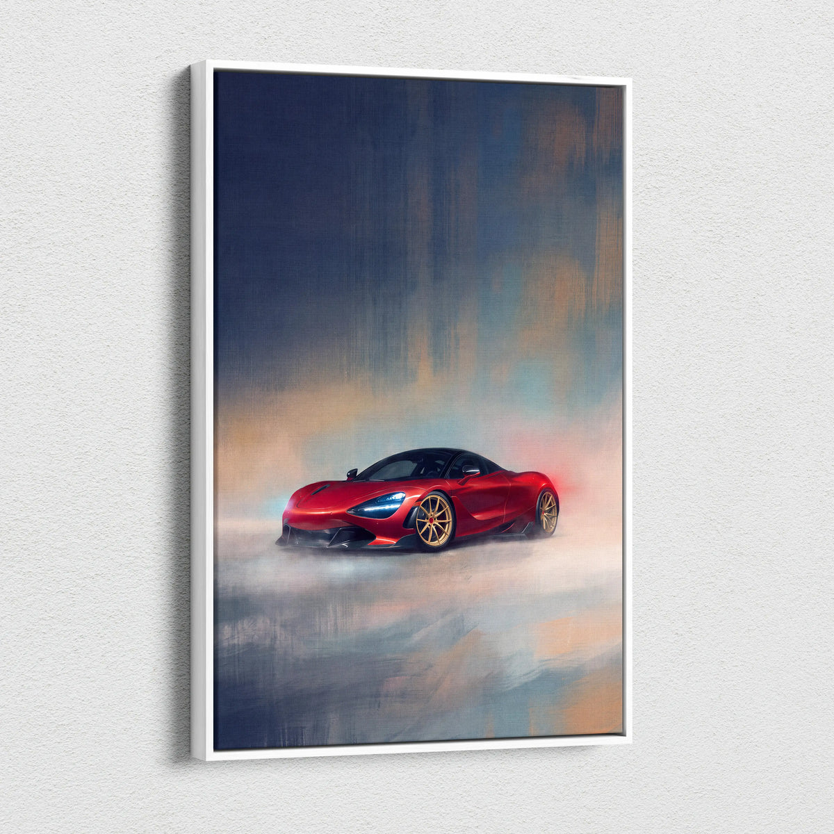 Red McLaren 720S sports car dynamic smoky art on white-framed canvas print for custom car wall art decor