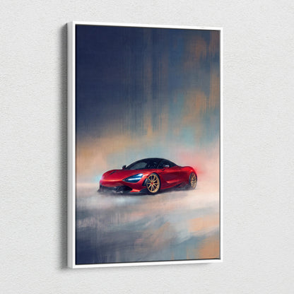 Red McLaren 720S sports car dynamic smoky art on white-framed canvas print for custom car wall art decor