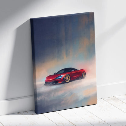 Red mclaren 720s sports car canvas art print with gold rims and dynamic motion blur on atmospheric background