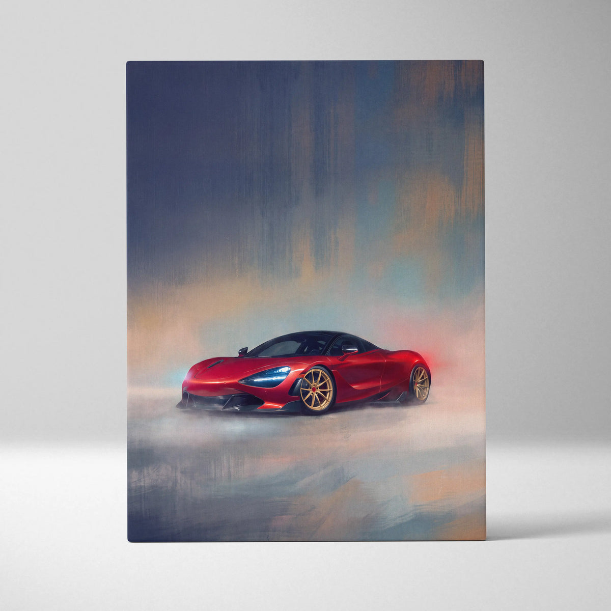 Red mclaren 720s inspired supercar canvas art featuring a dynamic drift pose with gold rims and blue headlights