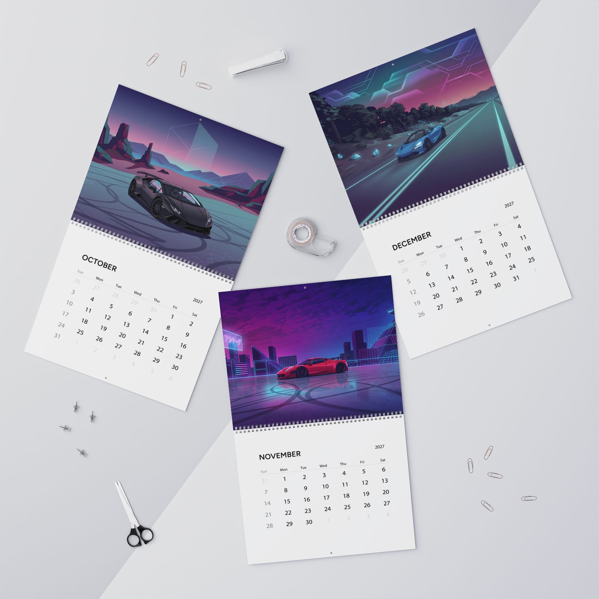 2027 Supercar Vaporwave Wall Calendar – Exotic Performance Cars & Retro Neon Artwork Collection