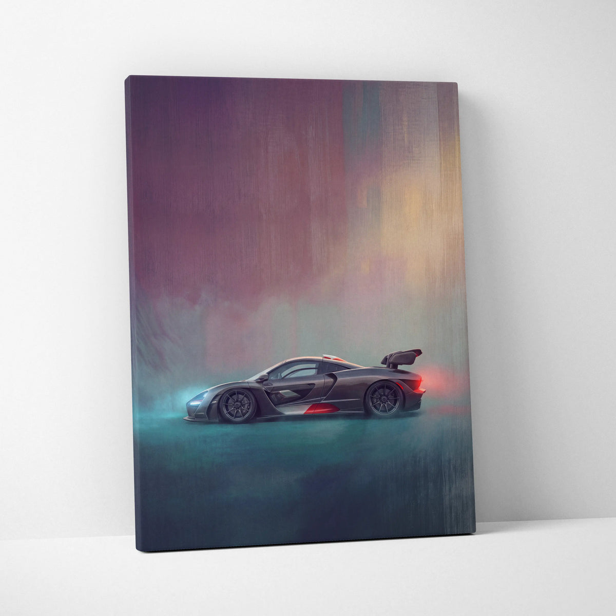 McLaren Senna inspired canvas art featuring a sleek dark gray sports car with red accents and a rear wing
