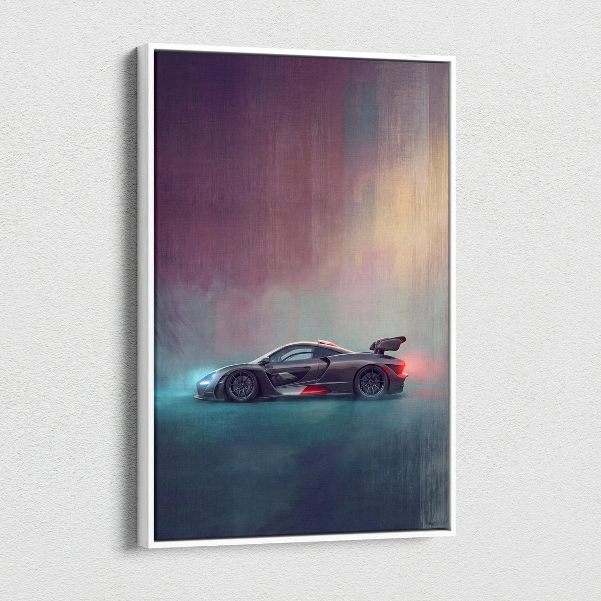 A sleek black McLaren sports car with red accents and a rear wing in a premium canvas automotive wall decor