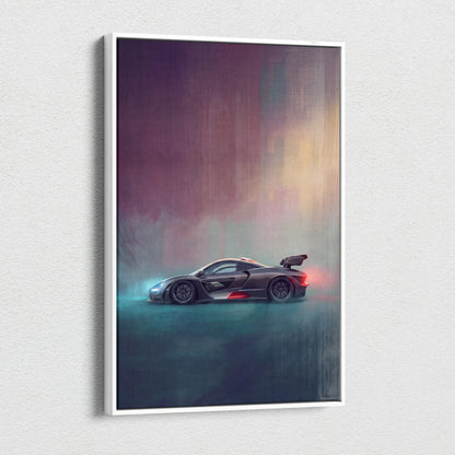 A sleek black McLaren sports car with red accents and a rear wing in a premium canvas automotive wall decor