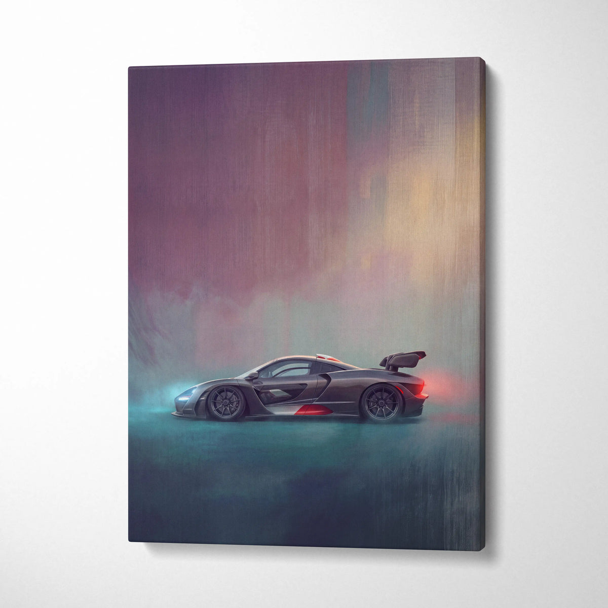 A sleek dark gray mclaren senna inspired canvas art with red accents and rear wing for automotive wall decor