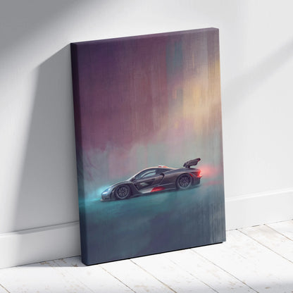 McLaren Senna inspired canvas art features a sleek dark gray supercar with red accents and glowing headlights in a moody scene