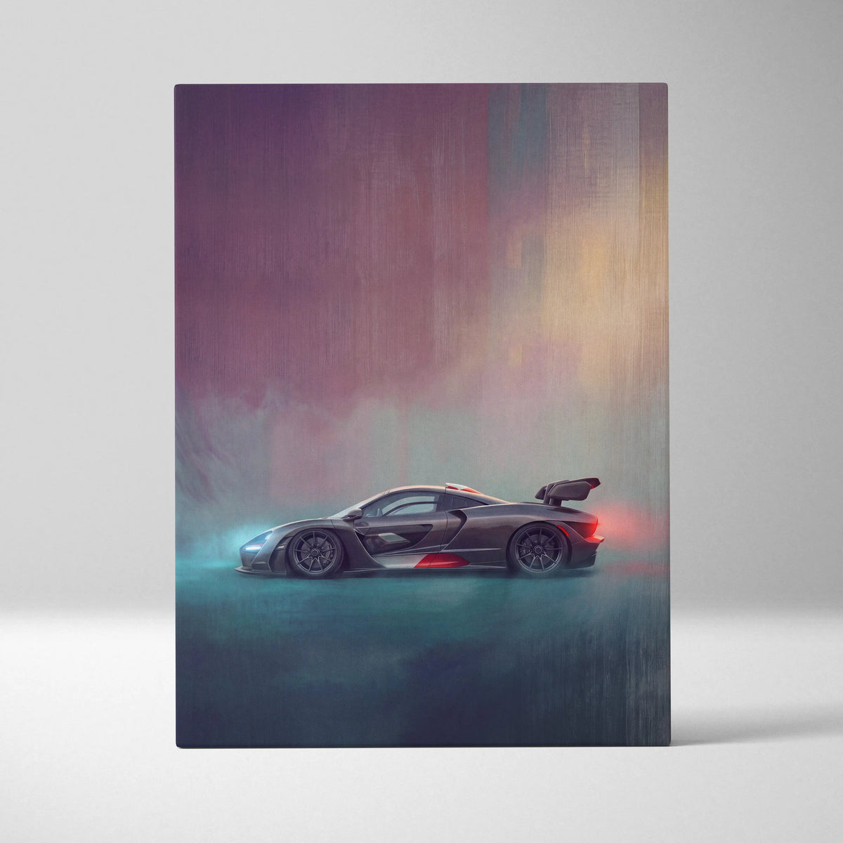 A sleek dark gray mclaren senna sports car with red accents and rear wing on premium canvas wall decor