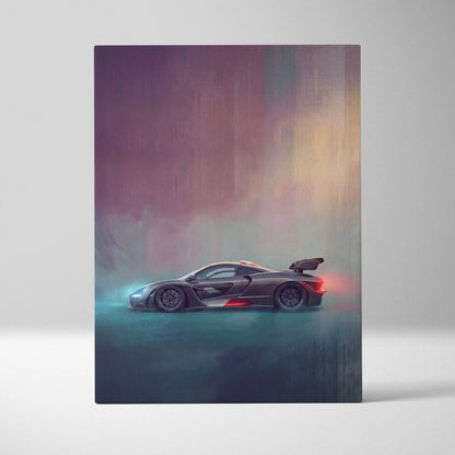 A sleek dark gray mclaren senna sports car with red accents and rear wing on premium canvas wall decor