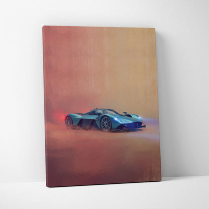 Aston Martin Valkyrie inspired canvas print featuring a teal and blue hypercar in a misty desert landscape