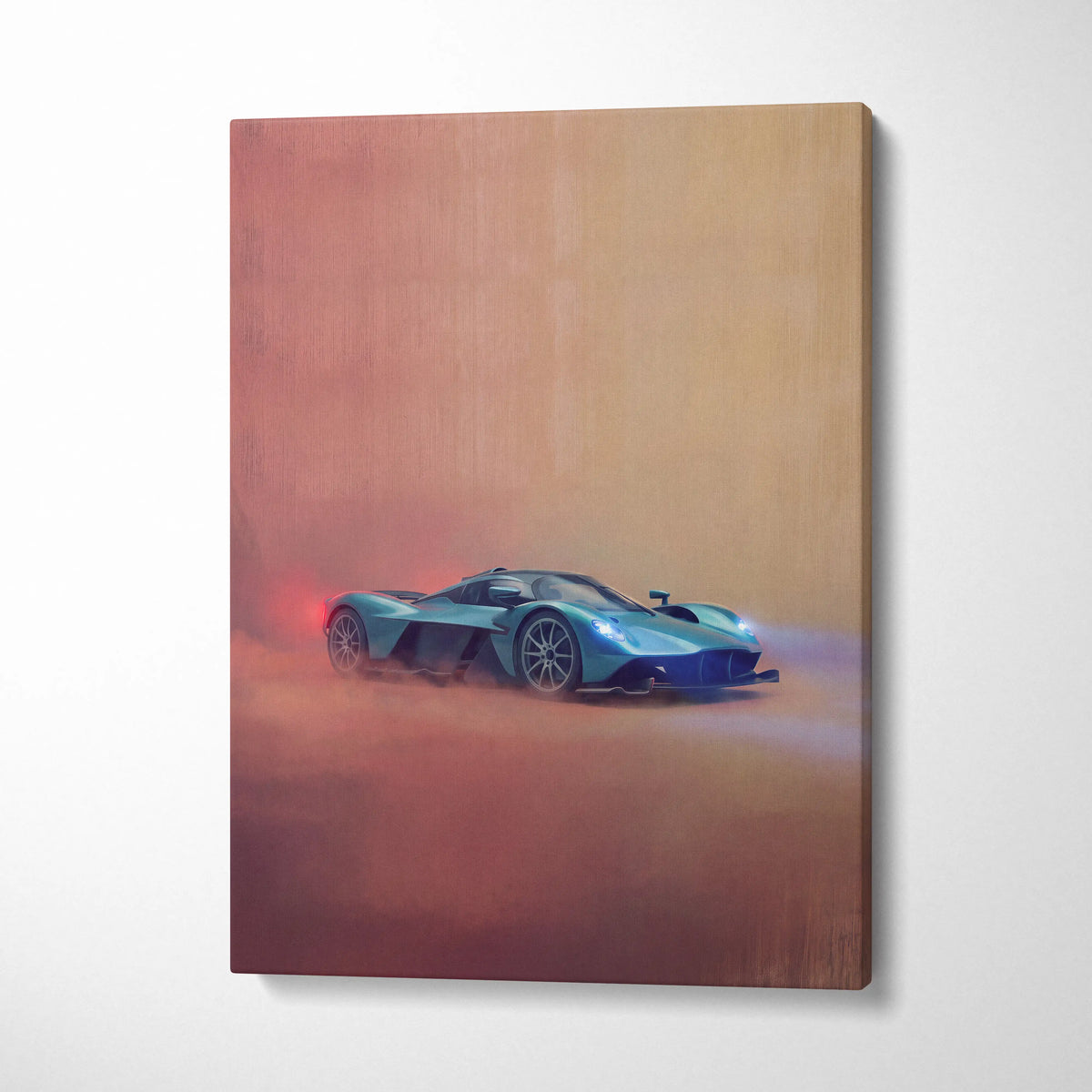Aston Martin Valkyrie inspired teal sports car canvas painting print in dynamic drift pose on warm atmospheric backdrop