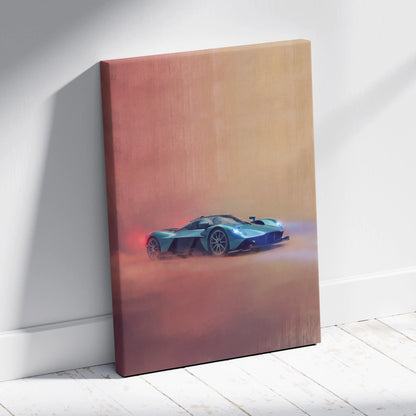 A vibrant blue aston martin valkyrie inspired sports car on textured canvas wall art track edition print