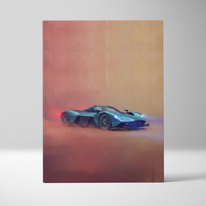 Aston martin valkyrie inspired teal-blue hypercar wall art canvas print with glowing lights on orange-pink backdrop