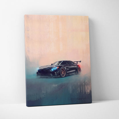Black mercedes-amg gt r canvas print featuring sleek sports car with glowing blue headlights and gold rims wall art