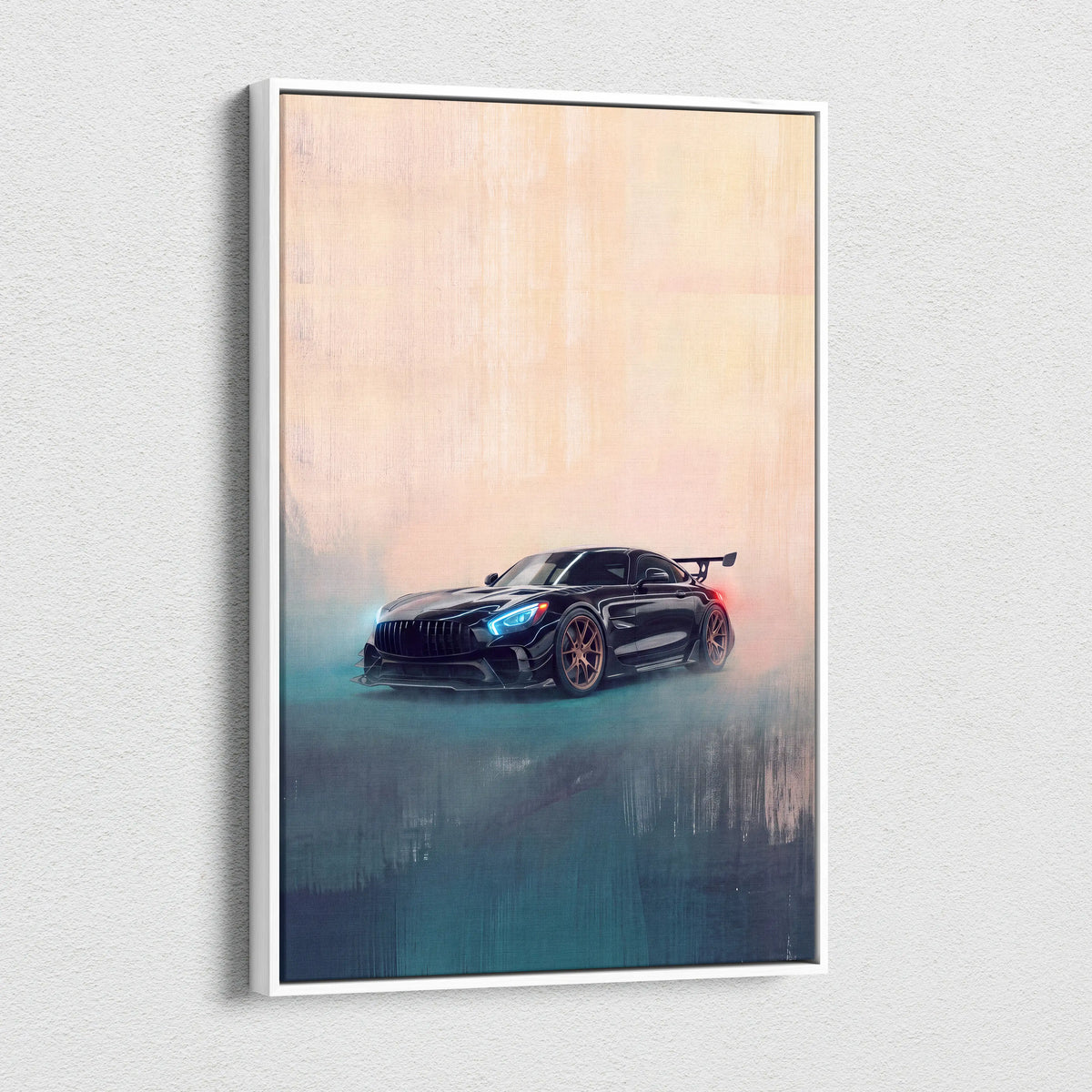 Black Mercedes-AMG GT R canvas art featuring glowing blue headlights and red taillights in white frame for wall decor