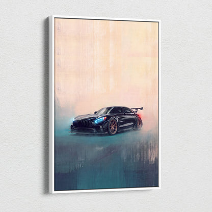 Black Mercedes-AMG GT R canvas art featuring glowing blue headlights and red taillights in white frame for wall decor