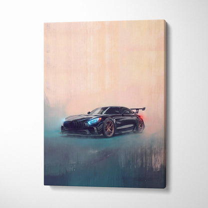 Mercedes-AMG GT black series inspired supercar canvas art with glowing blue headlights and bronze wheels wall print