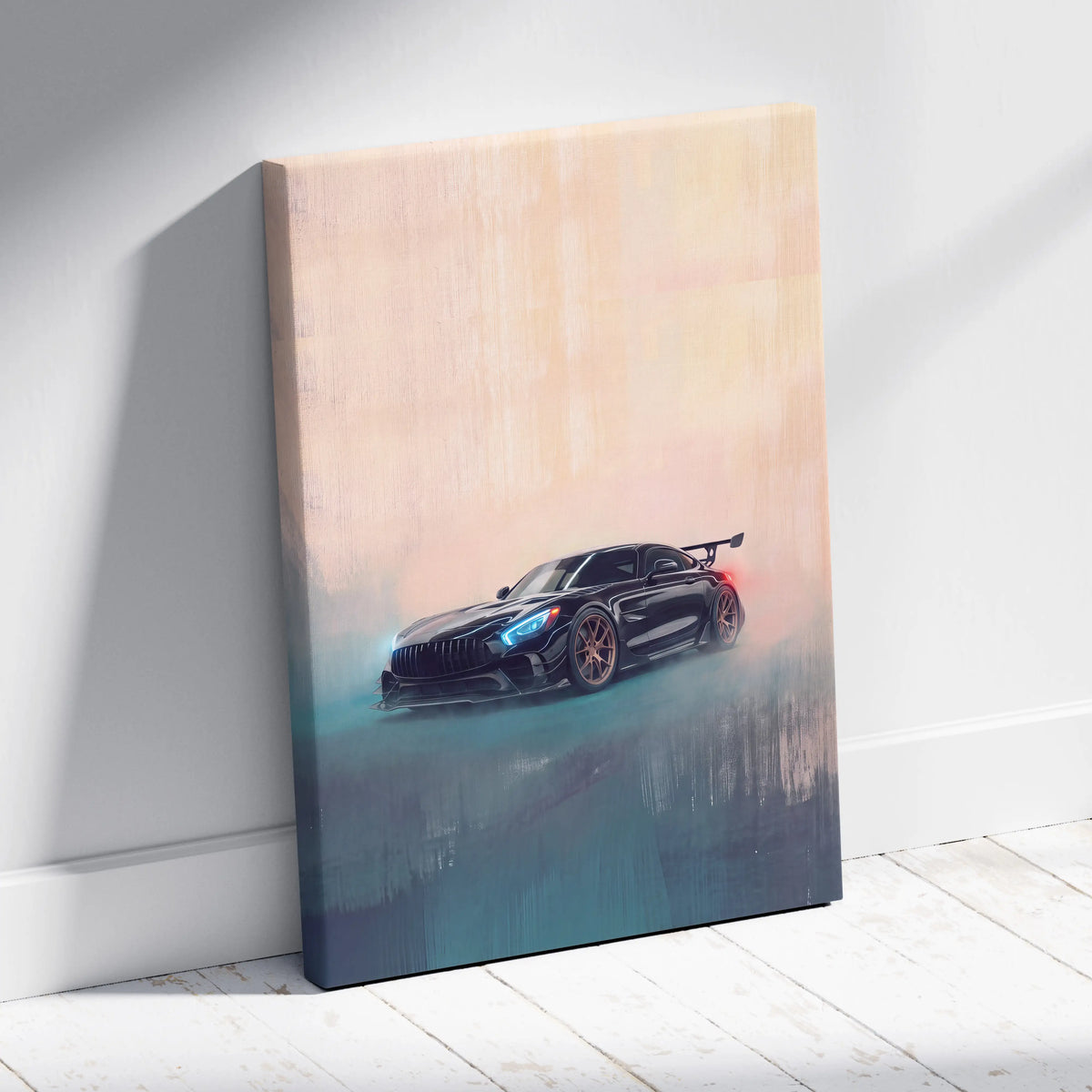 Black mercedes-amg gt r canvas art featuring sleek sports car with glowing blue headlights and bronze wheels on gradient background