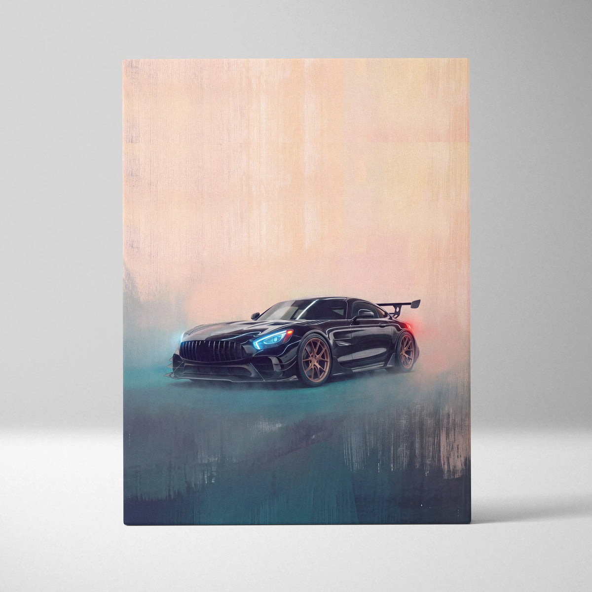 Black mercedes-amg gt r sports car with glowing blue headlights and red taillights on stylized canvas wall art print