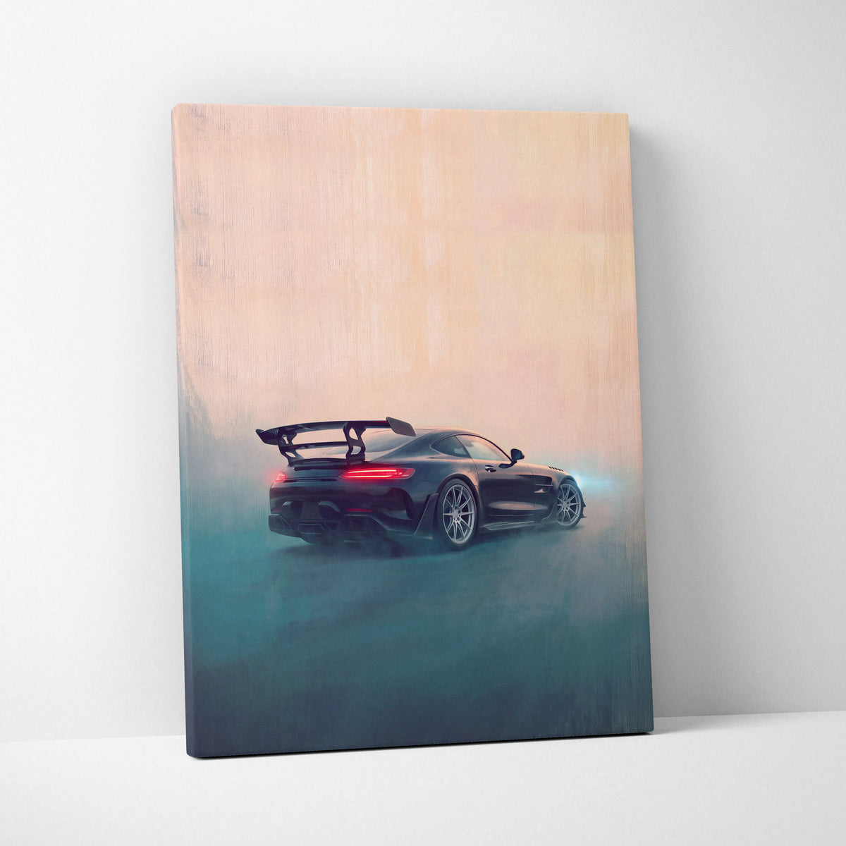 Black mercedes-amg gt r stylized canvas art with glowing red taillights and rear spoiler premium automotive decor