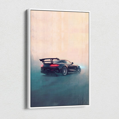 Black mercedes-amg gt r sports car with rear spoiler and glowing taillights on premium automotive canvas art