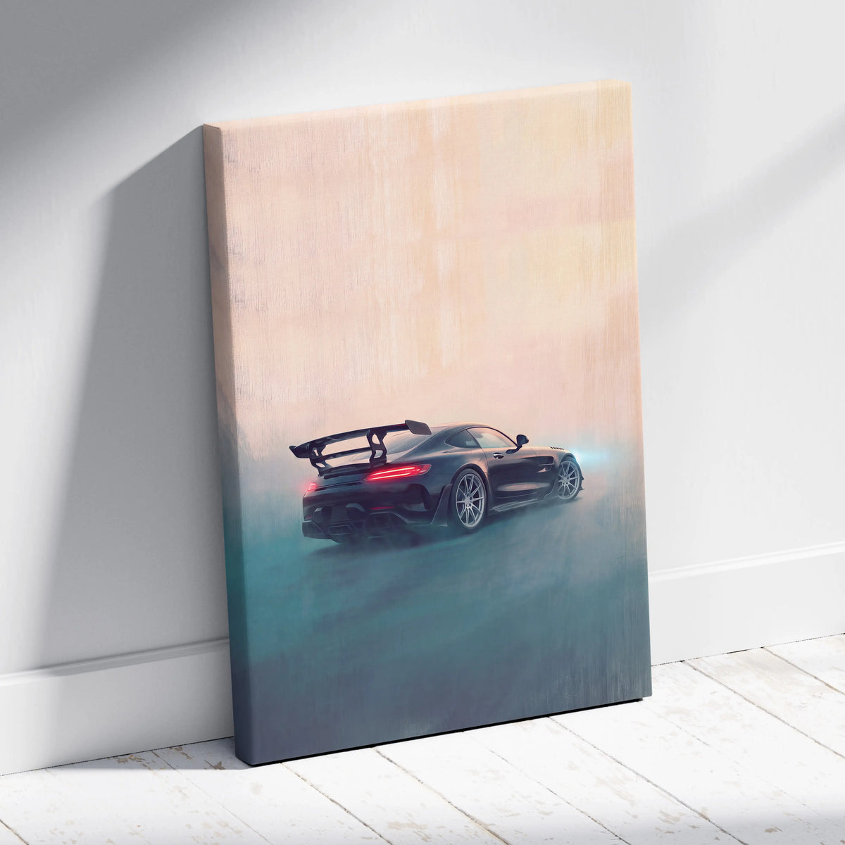 Black mercedes-amg gt r sports car canvas art with glowing red taillights and blue underglow on gradient sky background