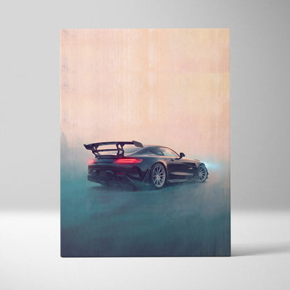 Black mercedes-amg gt r sports car with rear spoiler and glowing red taillights on premium canvas wall decor