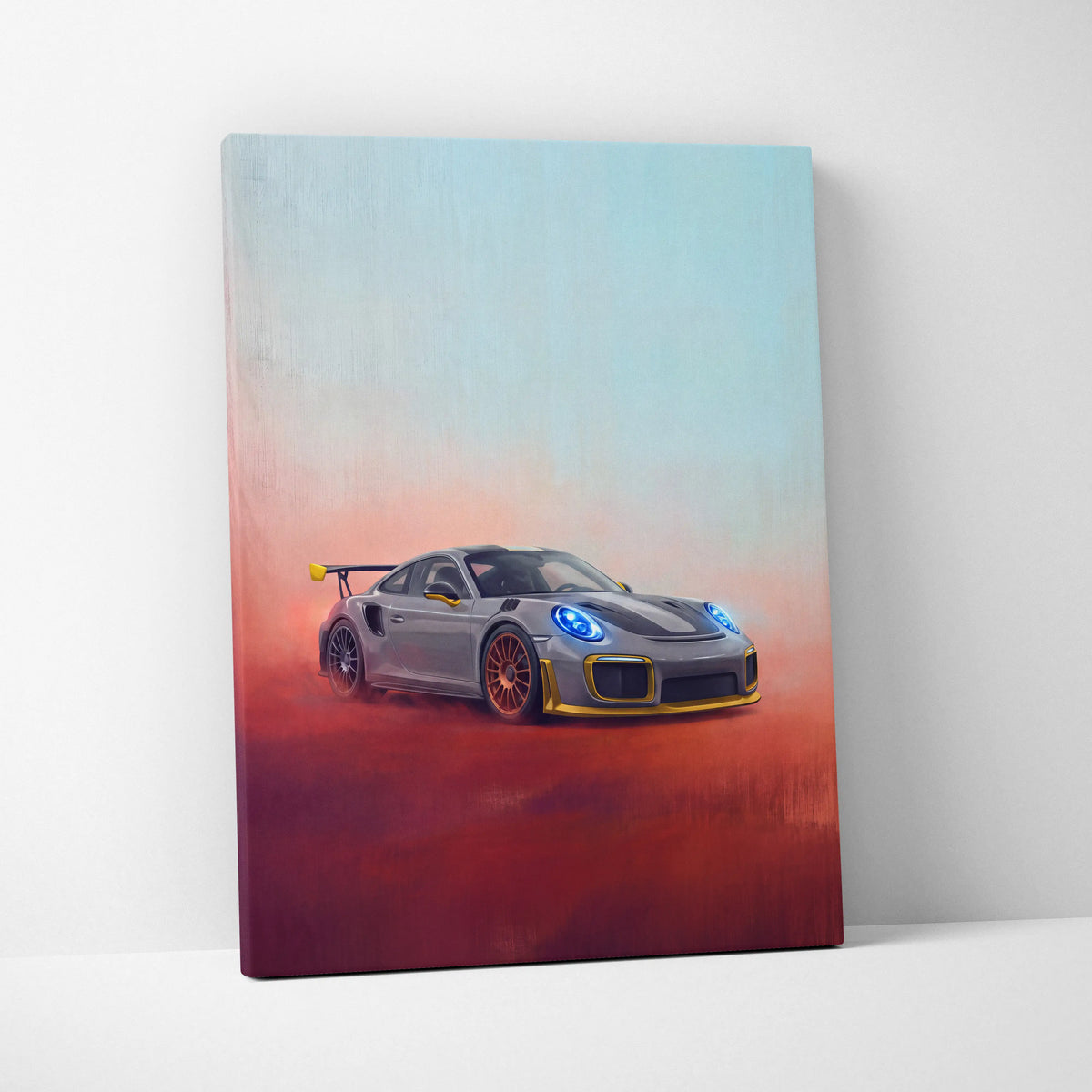 Gray Porsche 911 GT2 RS inspired canvas wall art with gold accents and blue headlights for track edition decor