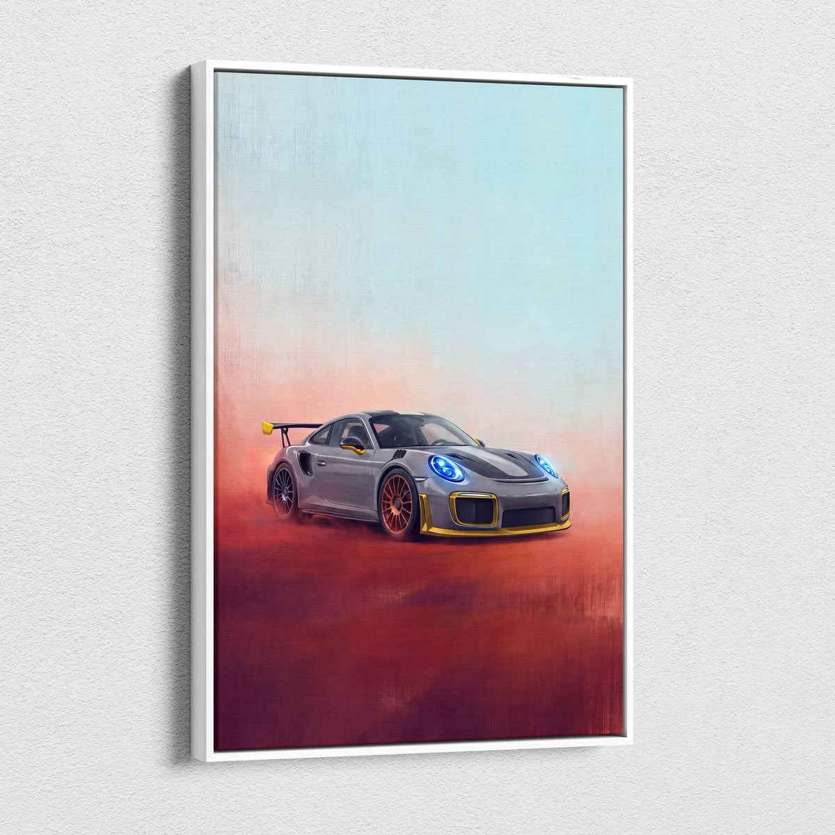 Silver Porsche 911 GT2 with gold accents and glowing blue headlights in dynamic racing scene on canvas wall art print