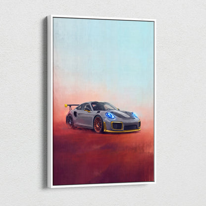 Silver Porsche 911 GT2 with gold accents and glowing blue headlights in dynamic racing scene on canvas wall art print
