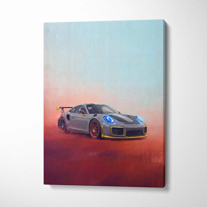 Silver Porsche 911 GT2 RS inspired car wall art with gold accents and glowing blue headlights in dynamic racing pose on canvas