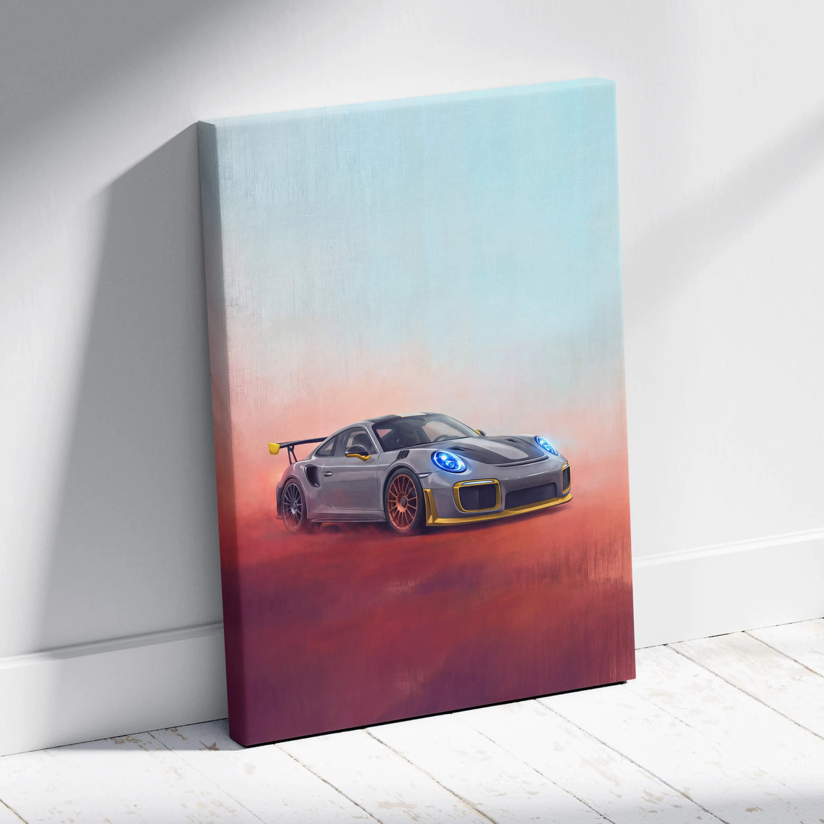 Gray and gold porsche 911 gt2 rs inspired canvas wall art with glowing blue headlights track edition print