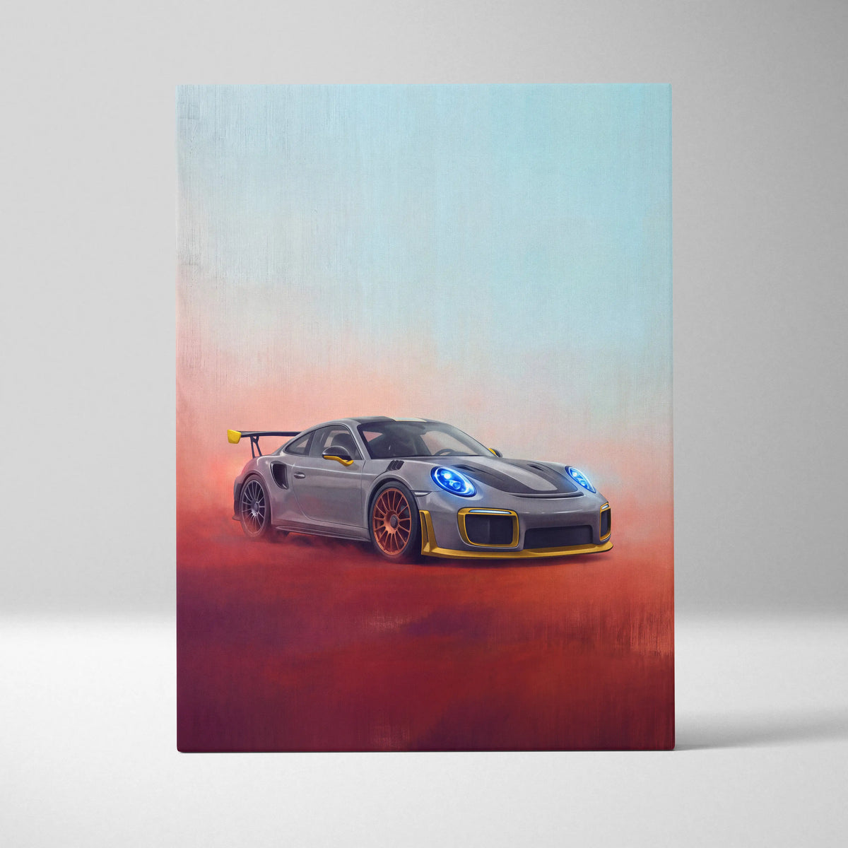 Silver Porsche 911 GT2 RS canvas painting print featuring gold accents and glowing blue headlights in racing pose