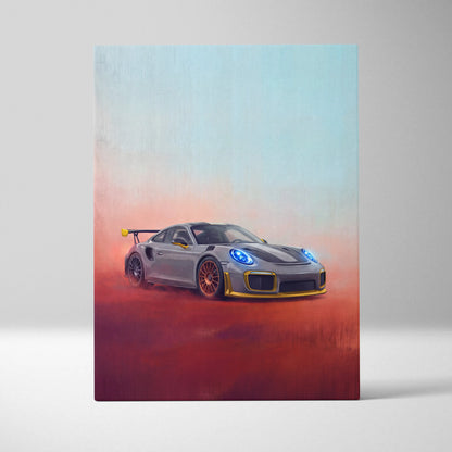 Silver Porsche 911 GT2 RS canvas painting print featuring gold accents and glowing blue headlights in racing pose