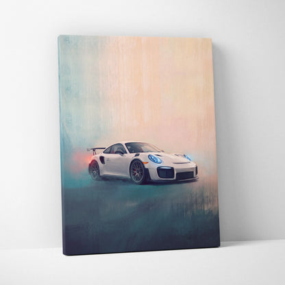 White porsche 911 gt3 rs canvas print featuring a sleek sports car with blue headlights and red taillights on gradient background