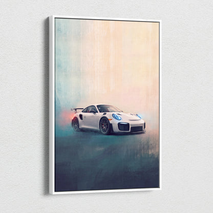 White porsche 911 gt2 rs inspired canvas print featuring blue headlights and sleek aerodynamic supercar design