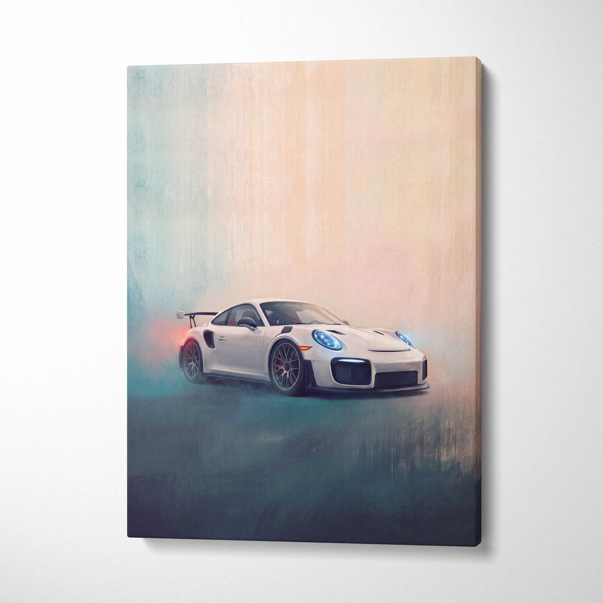White porsche 911 gt3 rs luxury supercar canvas print with glowing blue headlights and red rear light accents