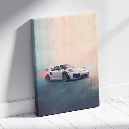 White Porsche 911 GT2 RS inspired canvas print with glowing blue headlights and dynamic painterly background wall art