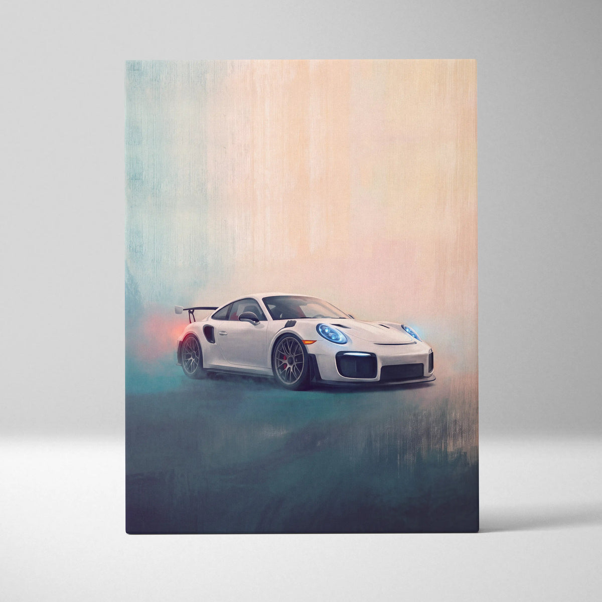 White Porsche 911 GT2 RS inspired canvas print featuring a sports car with blue headlights and black racing stripes