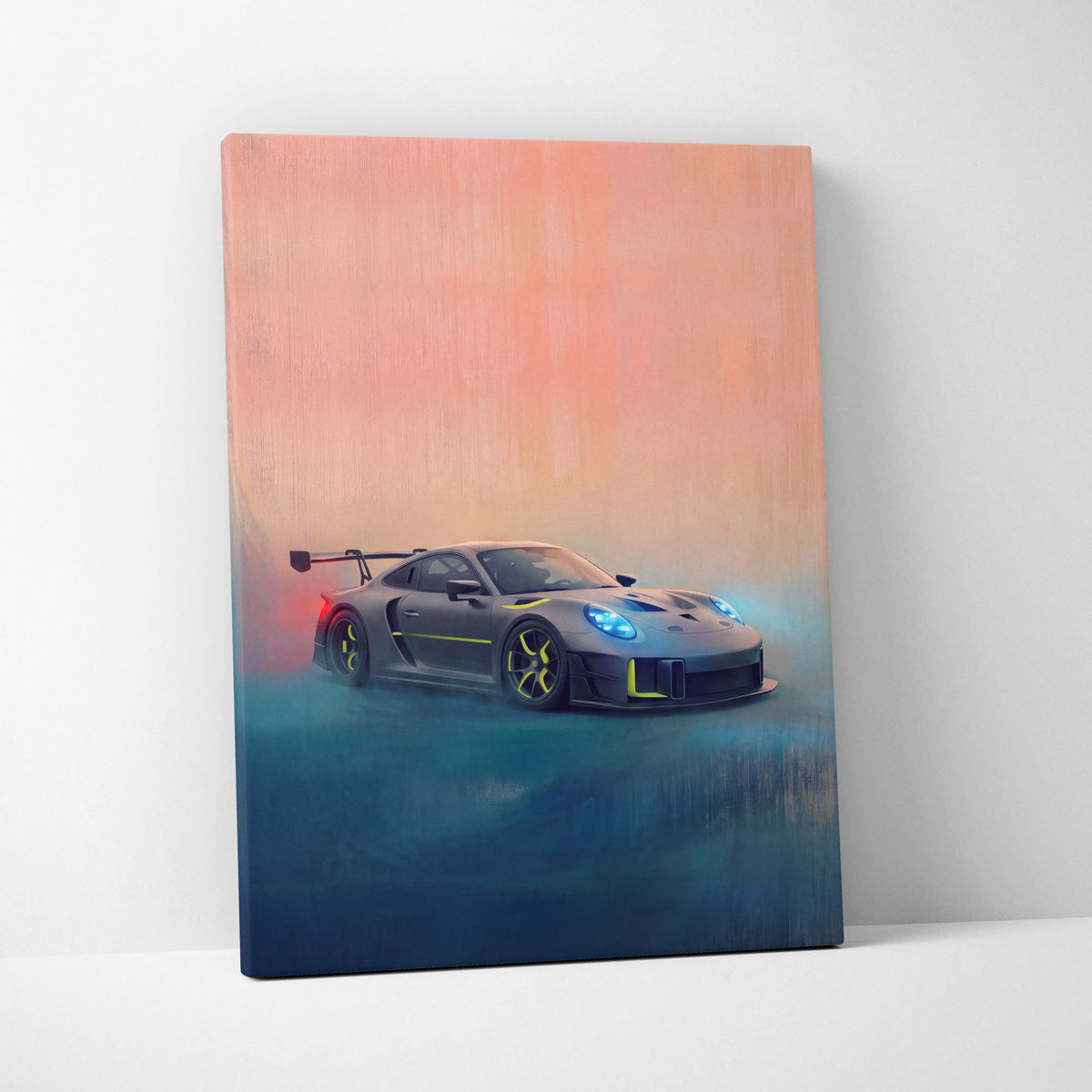 Porsche 935 inspired supercar canvas art featuring a sleek gray porsche 911 gt3 with yellow accents and blue headlights