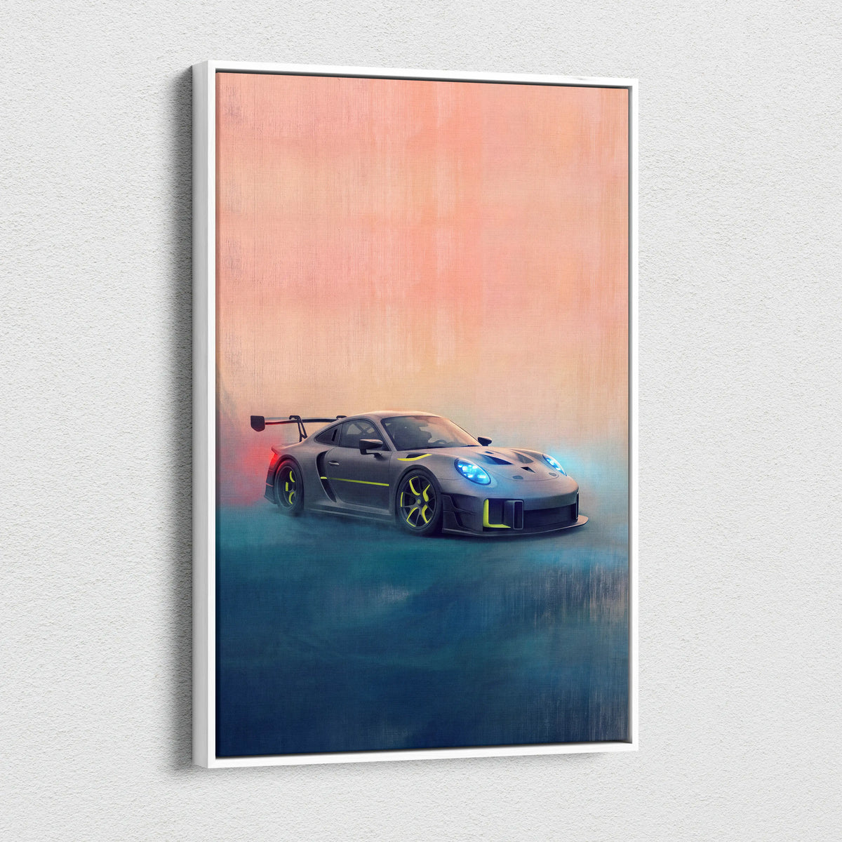 Porsche 935 inspired supercar canvas art featuring a sleek gray porsche 911 gt3 rs with blue headlights and yellow accents