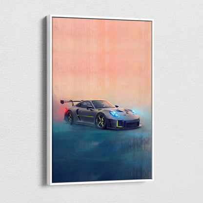 Porsche 935 inspired supercar canvas art featuring a sleek gray porsche 911 gt3 rs with blue headlights and yellow accents