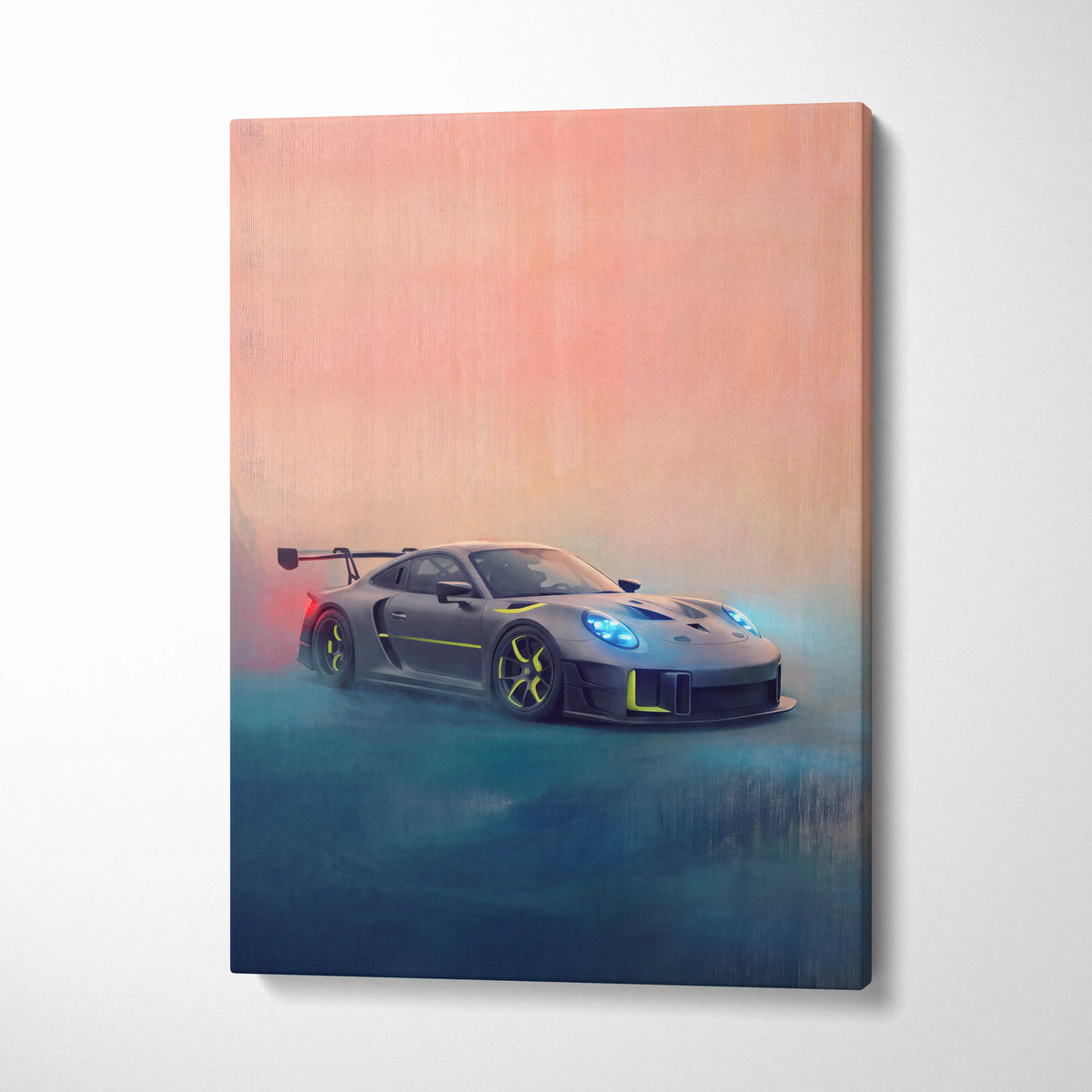 Porsche 935 inspired supercar canvas art featuring a sleek gray porsche 911 gt3 rs with yellow accents and blue headlights