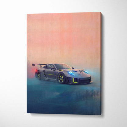 Porsche 935 inspired supercar canvas art featuring a sleek gray porsche 911 gt3 rs with yellow accents and blue headlights