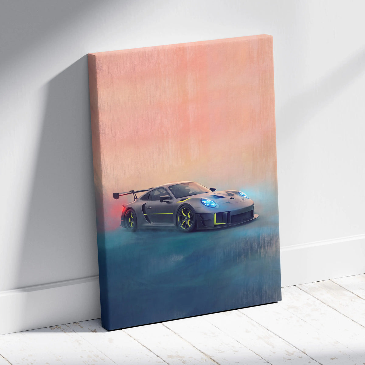 Gray porsche 935 inspired supercar canvas art print featuring a sports car with yellow accents and glowing blue headlights