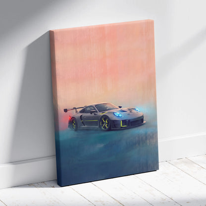 Gray porsche 935 inspired supercar canvas art print featuring a sports car with yellow accents and glowing blue headlights
